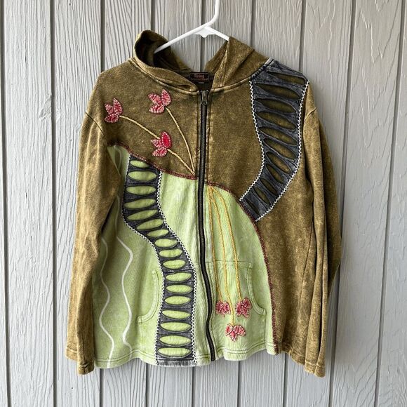 Rising Int’l Boho Hoodie M Green Floral Appliqué Cutout Zip Jacket - Picture 2 of 6